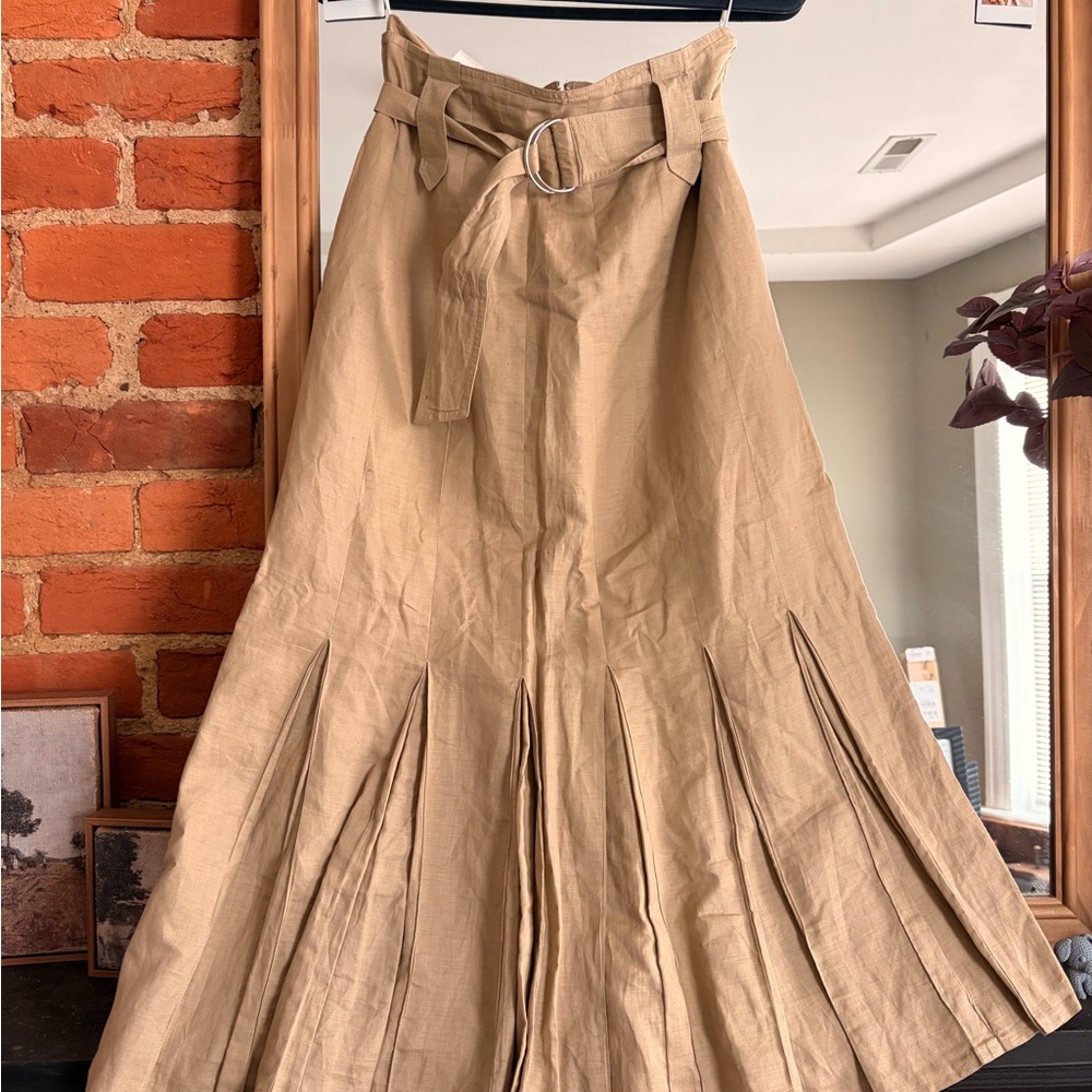 Claude Khaki Pleated Linen Skirt